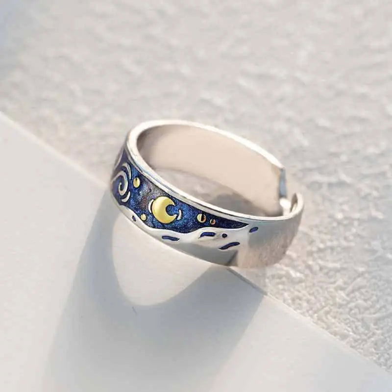 2x Vincent Van Gogh Starry Night Ring Couples Set - 925 Sterling Silver - Unisex - Adjustable - That Rock Aesthetic