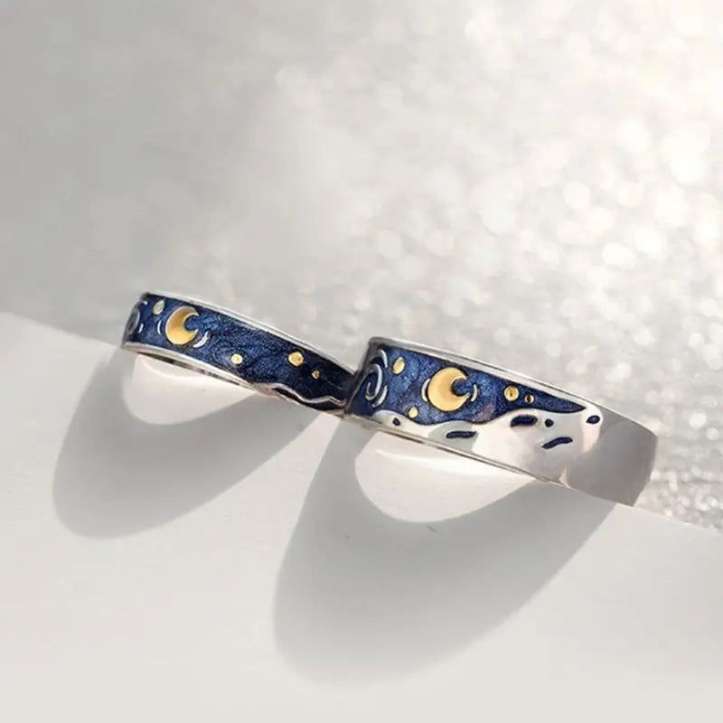 2x Vincent Van Gogh Starry Night Ring Couples Set - 925 Sterling Silver - Unisex - Adjustable - That Rock Aesthetic