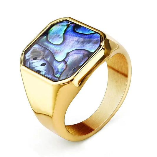 Abalone Shell Ring Mens Gemstone - Stainless Steel Silver & Gold - Unisex - That Rock Aesthetic