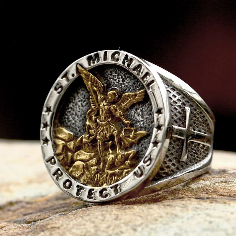 Archangel St. Michael Mens Signet Ring - Stainless Steel Silver & Gold - Unisex - That Rock Aesthetic