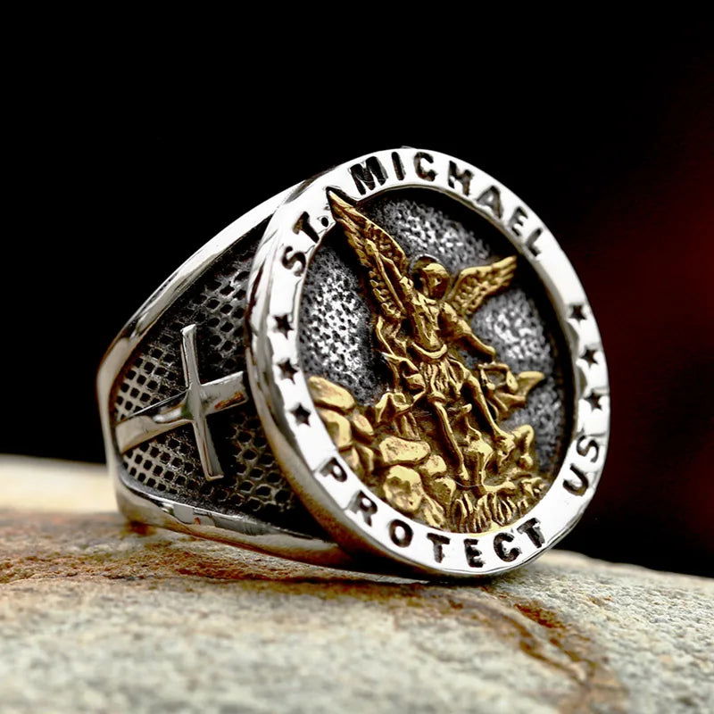 Archangel St. Michael Mens Signet Ring - Stainless Steel Silver & Gold - Unisex - That Rock Aesthetic