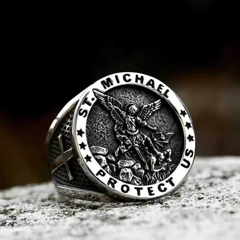 Archangel St. Michael Mens Signet Ring - Stainless Steel Silver & Gold - Unisex - That Rock Aesthetic