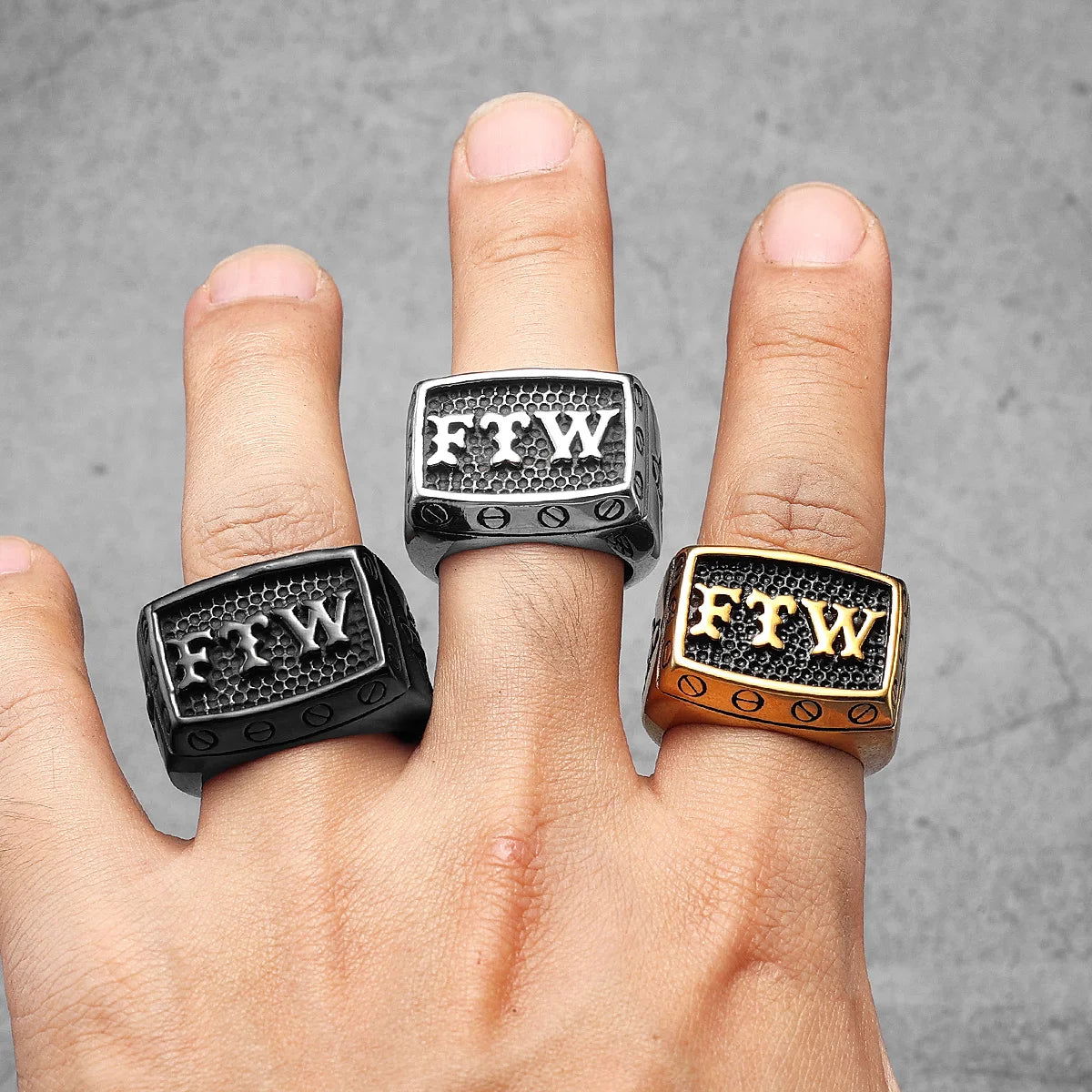 Biker Middle Finger FTW Ring Mens - Stainless Steel Silver, Gold & Black - Unisex - That Rock Aesthetic