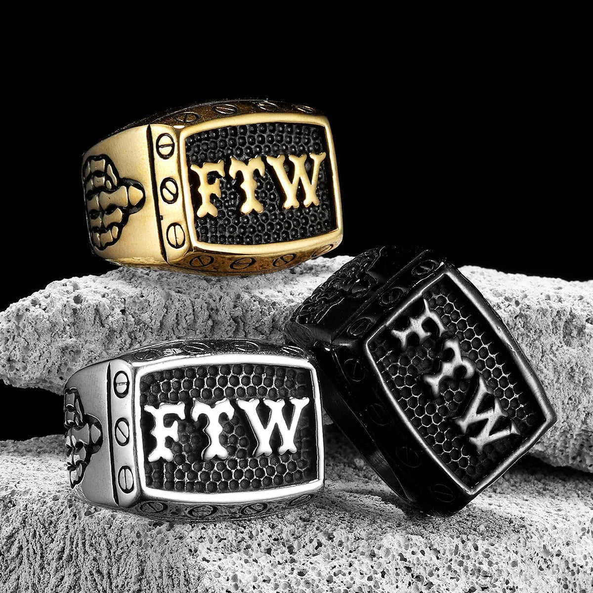 Biker Middle Finger FTW Ring Mens - Stainless Steel Silver, Gold & Black - Unisex - That Rock Aesthetic