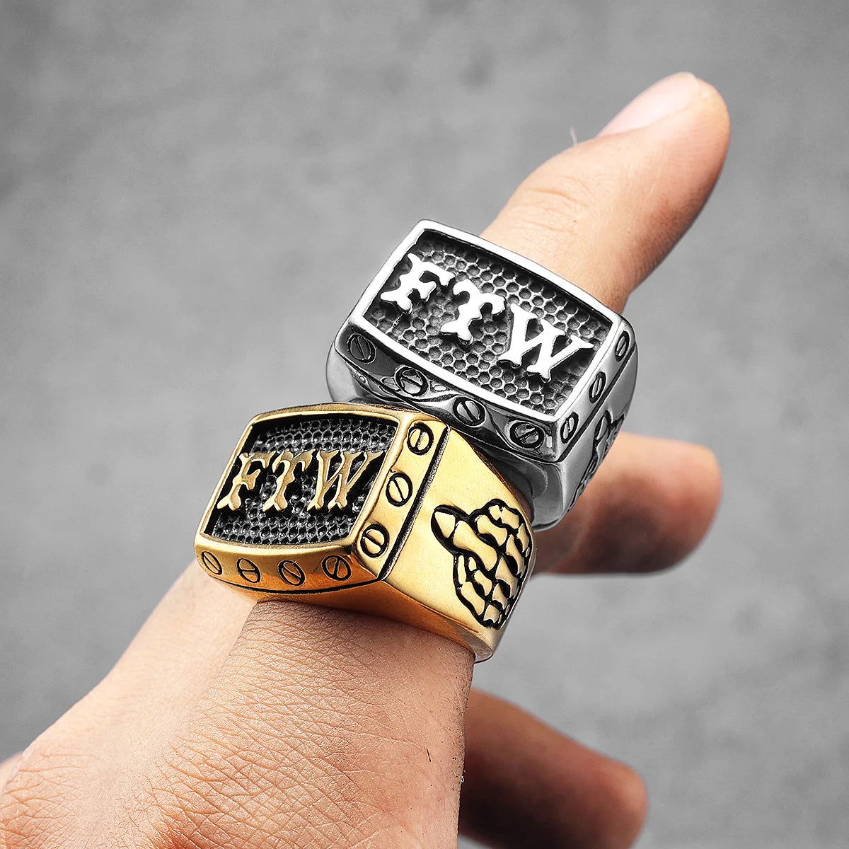 Biker Middle Finger FTW Ring Mens - Stainless Steel Silver, Gold & Black - Unisex - That Rock Aesthetic