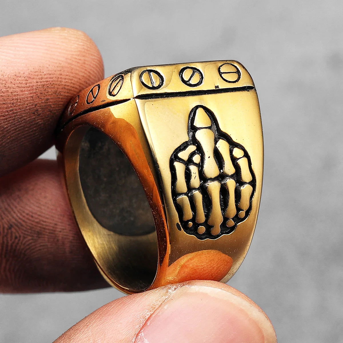 Biker Middle Finger FTW Ring Mens - Stainless Steel Silver, Gold & Black - Unisex - That Rock Aesthetic