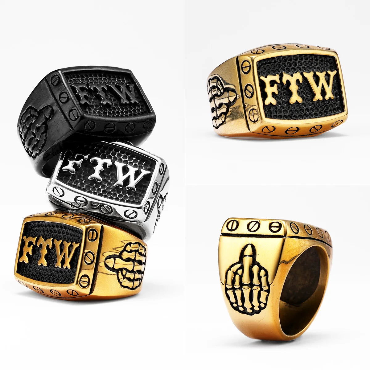 Biker Middle Finger FTW Ring Mens - Stainless Steel Silver, Gold & Black - Unisex - That Rock Aesthetic