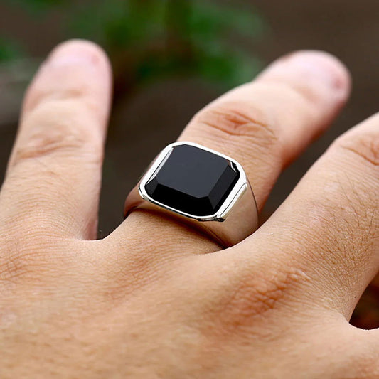 Black Onyx Gemstone Square Mens Ring - Stainless Steel Silver - Unisex - That Rock Aesthetic