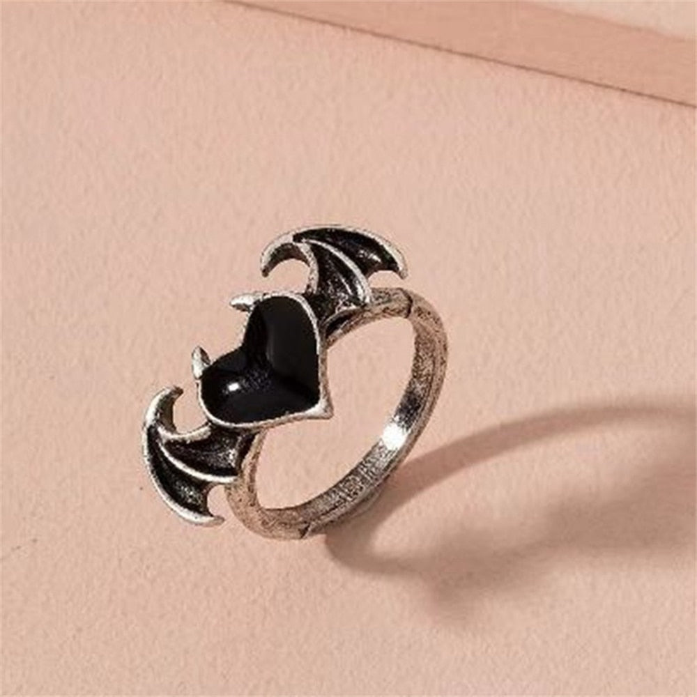 Gothic Angel Devil Heart Ring - Silver with Onyx or Ruby Gemstone - Unisex - Adjustable - That Rock Aesthetic