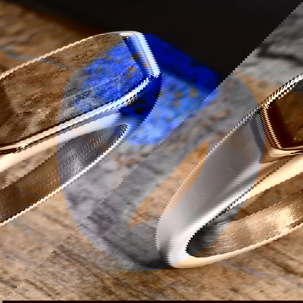 Blue Lapis Lazuli Gemstone Square Mens Signet Ring - Stainless Steel Silver - Unisex - That Rock Aesthetic