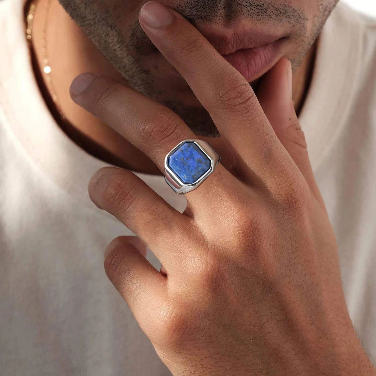 Blue Lapis Lazuli Gemstone Square Mens Signet Ring - Stainless Steel Silver - Unisex - That Rock Aesthetic