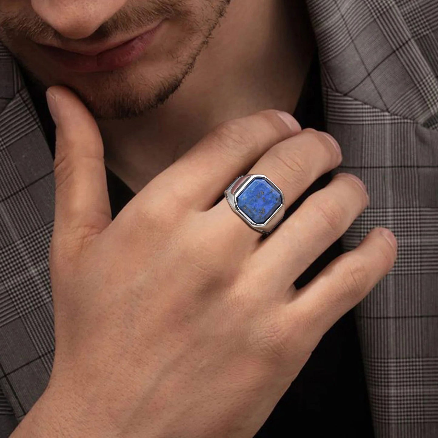Blue Lapis Lazuli Gemstone Square Mens Signet Ring - Stainless Steel Silver - Unisex - That Rock Aesthetic