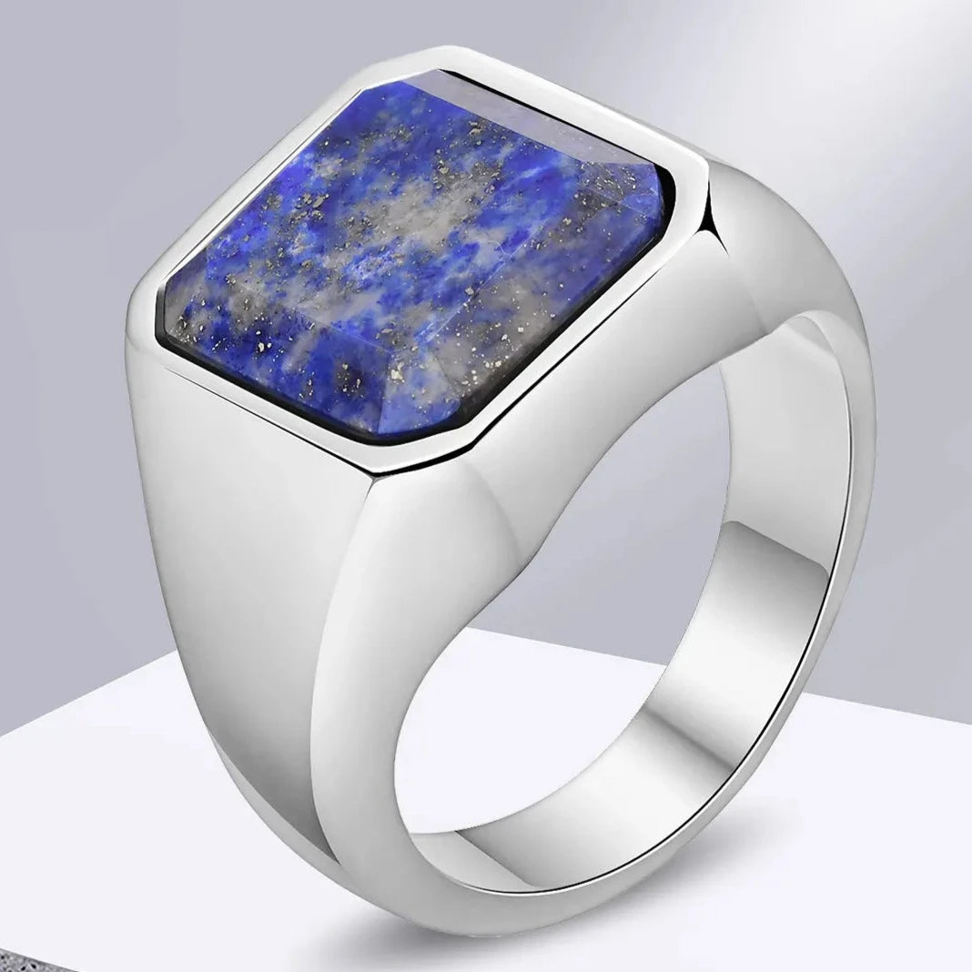 Blue Lapis Lazuli Gemstone Square Mens Signet Ring - Stainless Steel Silver - Unisex - That Rock Aesthetic