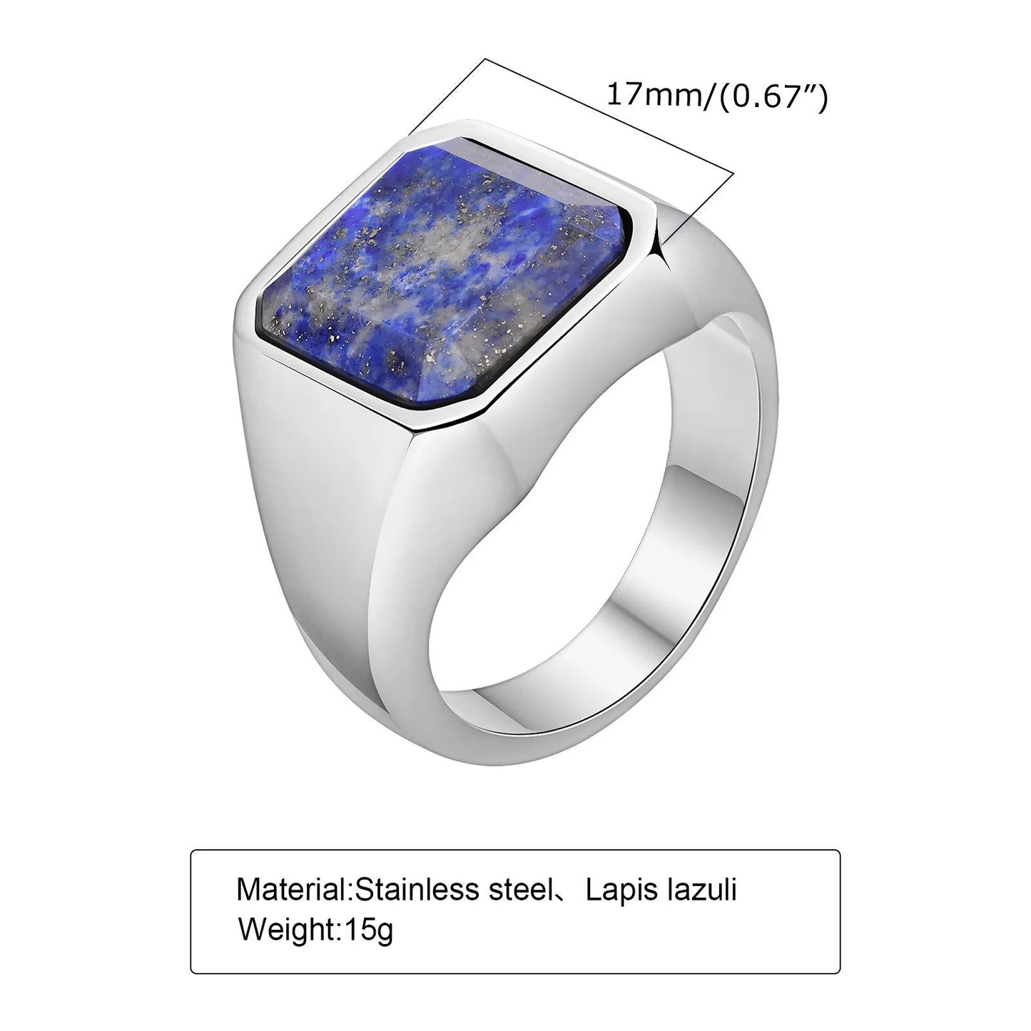 Blue Lapis Lazuli Gemstone Square Mens Signet Ring - Stainless Steel Silver - Unisex - That Rock Aesthetic