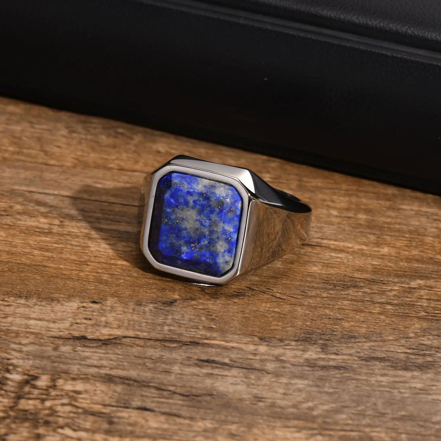 Blue Lapis Lazuli Gemstone Square Mens Signet Ring - Stainless Steel Silver - Unisex - That Rock Aesthetic