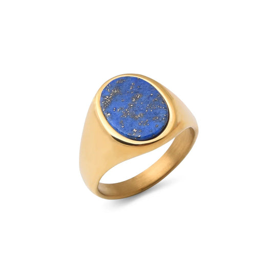 Blue Lapis Lazuli Round Mens Gemstone Ring - Stainless Steel Gold - Unisex - That Rock Aesthetic