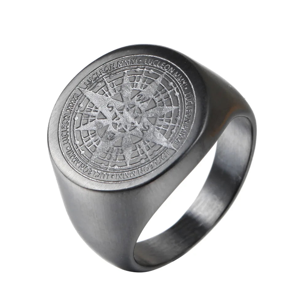 Compass Mens Gold Signet Ring - Stainless Steel Silver, Gold & Black - Unisex - That Rock Aesthetic