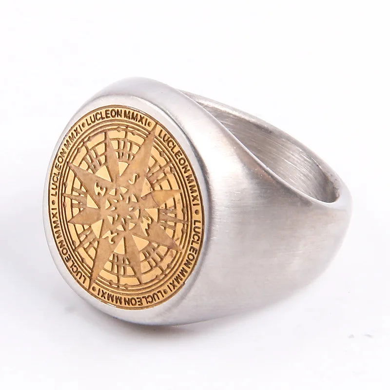 Compass Mens Gold Signet Ring - Stainless Steel Silver, Gold & Black - Unisex - That Rock Aesthetic