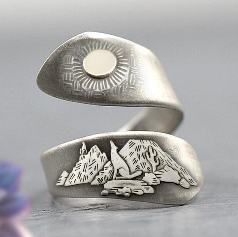 Moon Cactus Wolf Desert Western Ring Collection - Silver & Gold - Unisex - Adjustable - That Rock Aesthetic