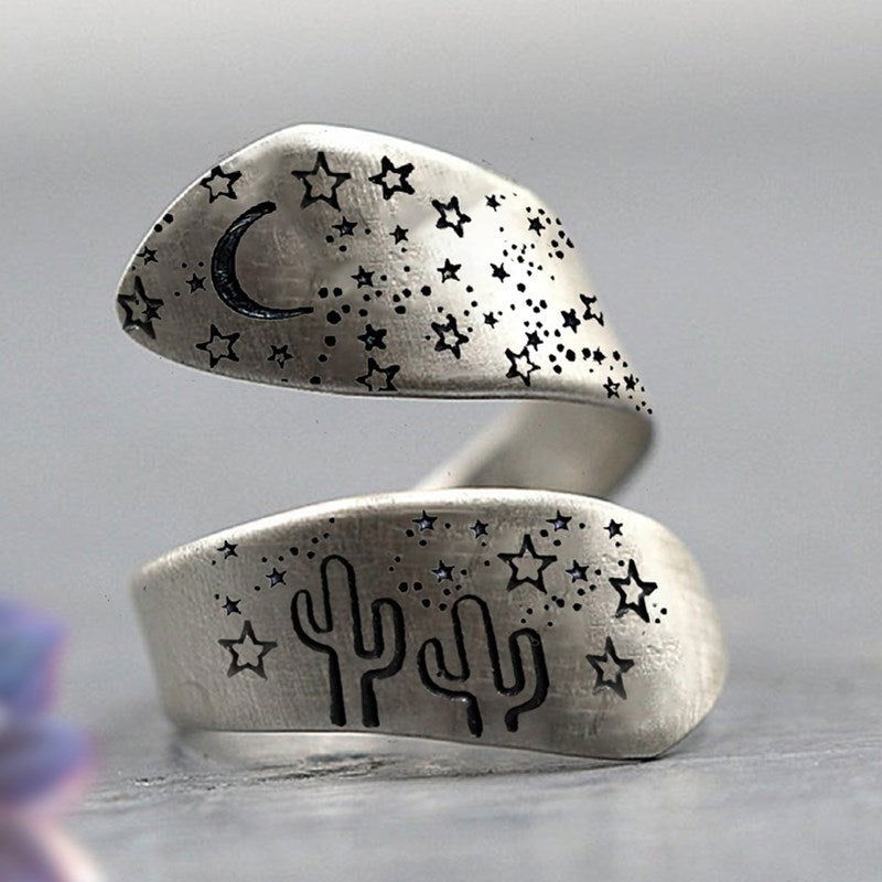 Night Sky Cactus Desert Western Ring - Silver - Unisex - Adjustable - That Rock Aesthetic