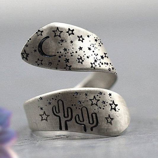 Night Sky Cactus Desert Western Ring - Silver - Unisex - Adjustable - That Rock Aesthetic