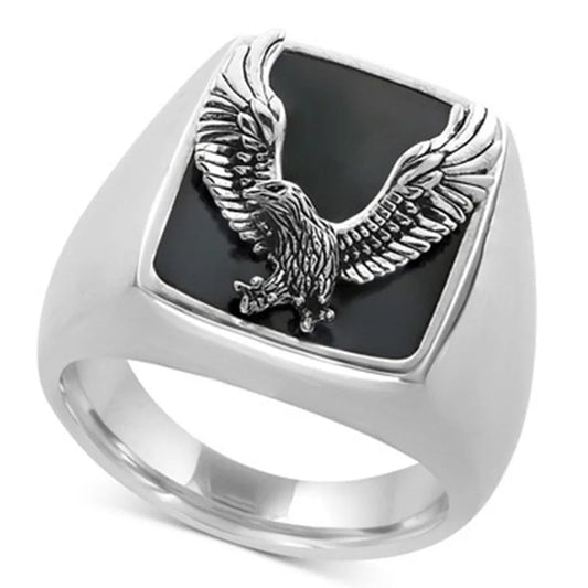 Black Onyx Mens Eagle Ring - Silver - Unisex - That Rock Aesthetic