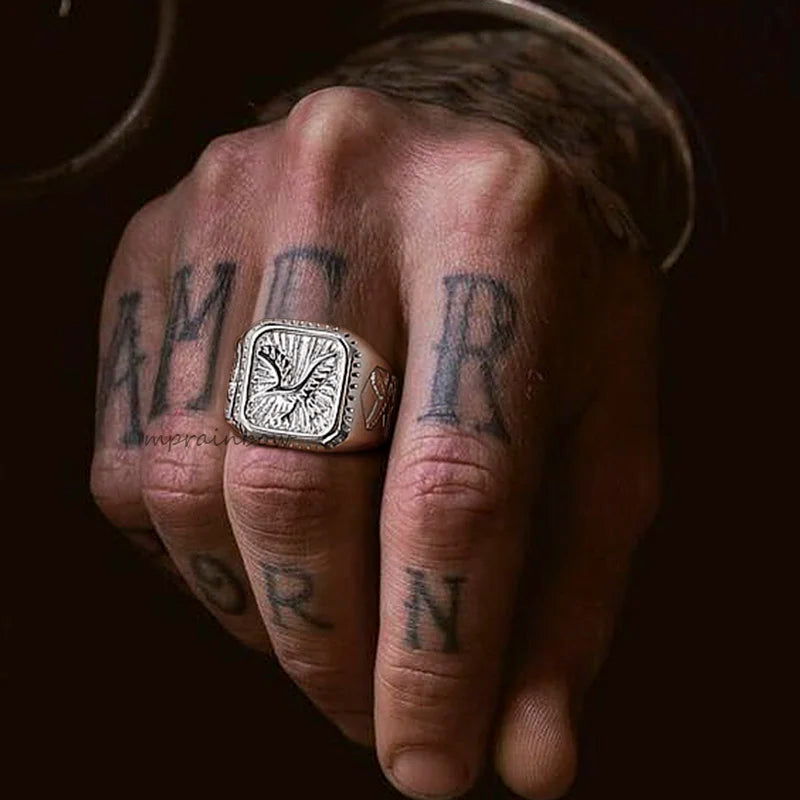 Eagle Square Mens Signet Ring - Stainless Steel Silver & Gold - Unisex - That Rock Aesthetic