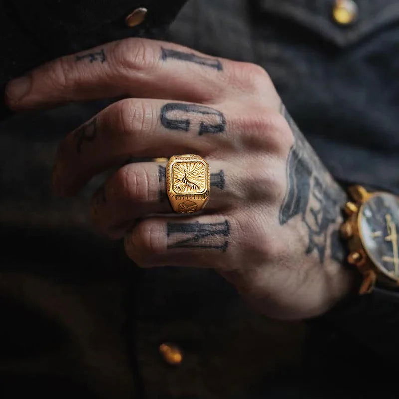 Eagle Square Mens Signet Ring - Stainless Steel Silver & Gold - Unisex - That Rock Aesthetic