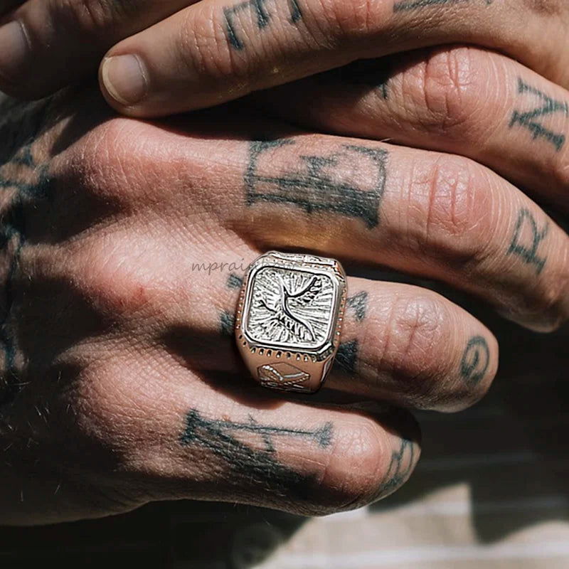Eagle Square Mens Signet Ring - Stainless Steel Silver & Gold - Unisex - That Rock Aesthetic
