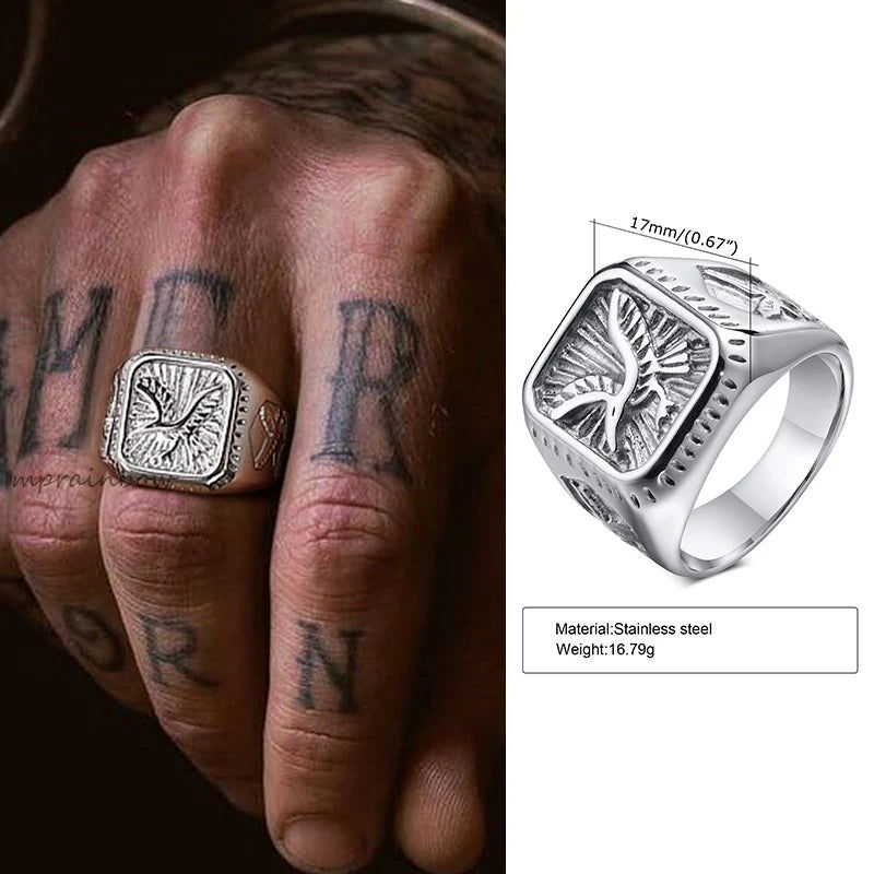 Eagle Square Mens Signet Ring - Stainless Steel Silver & Gold - Unisex - That Rock Aesthetic