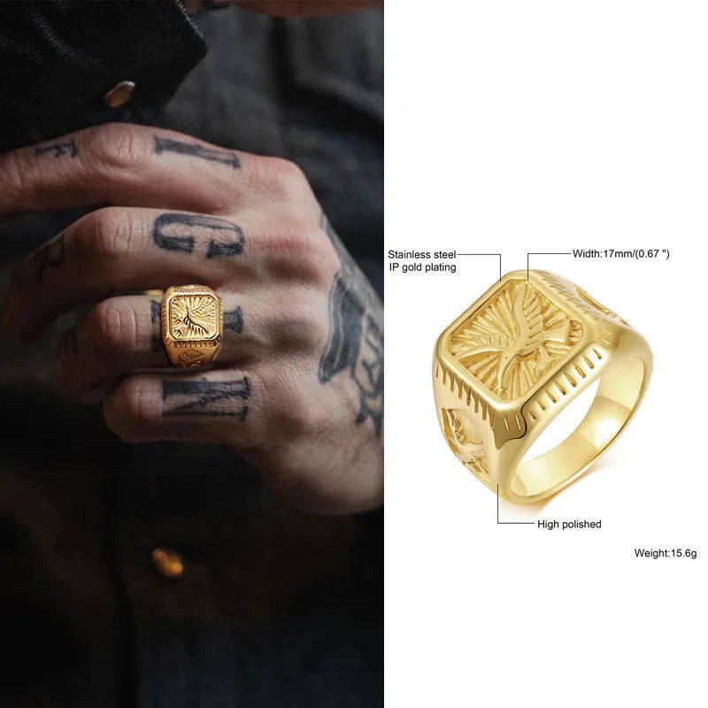 Eagle Square Mens Signet Ring - Stainless Steel Silver & Gold - Unisex - That Rock Aesthetic