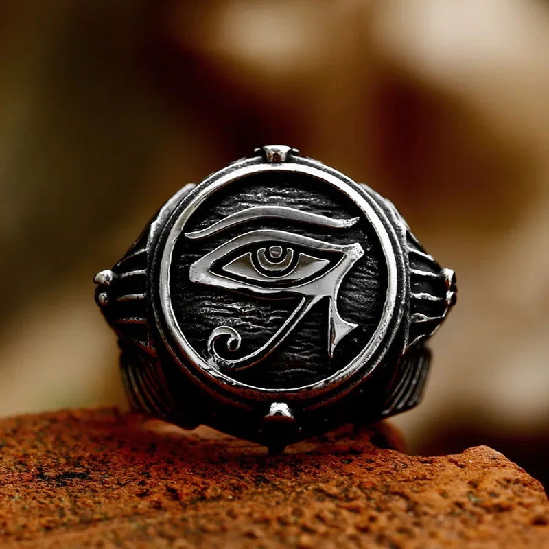 Eye of Horus Ancient Egypt Pharoah Ankh Mens Signet Ring - Stainless Steel Silver - Unisex - That Rock Aesthetic