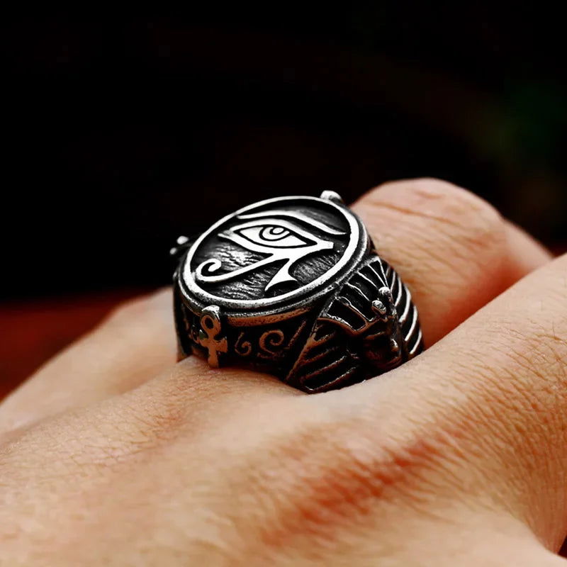 Eye of Horus Ancient Egypt Pharoah Ankh Mens Signet Ring - Stainless Steel Silver - Unisex - That Rock Aesthetic