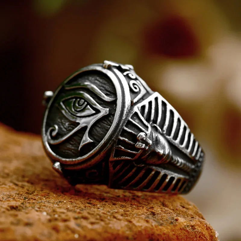 Eye of Horus Ancient Egypt Pharoah Ankh Mens Signet Ring - Stainless Steel Silver - Unisex - That Rock Aesthetic