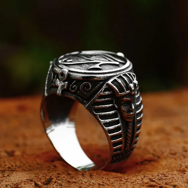 Eye of Horus Ancient Egypt Pharoah Ankh Mens Signet Ring - Stainless Steel Silver - Unisex - That Rock Aesthetic