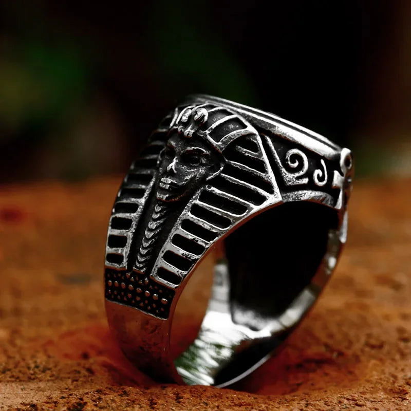 Eye of Horus Ancient Egypt Pharoah Ankh Mens Signet Ring - Stainless Steel Silver - Unisex - That Rock Aesthetic