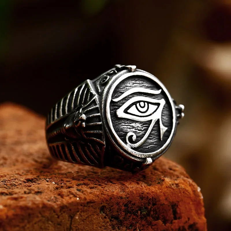 Eye of Horus Ancient Egypt Pharoah Ankh Mens Signet Ring - Stainless Steel Silver - Unisex - That Rock Aesthetic