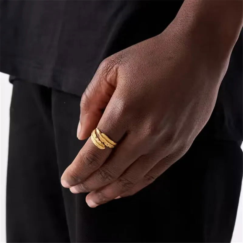 Feather Wraparound Ring - Stainless Steel Silver & Gold - Unisex - Adjustable - That Rock Aesthetic