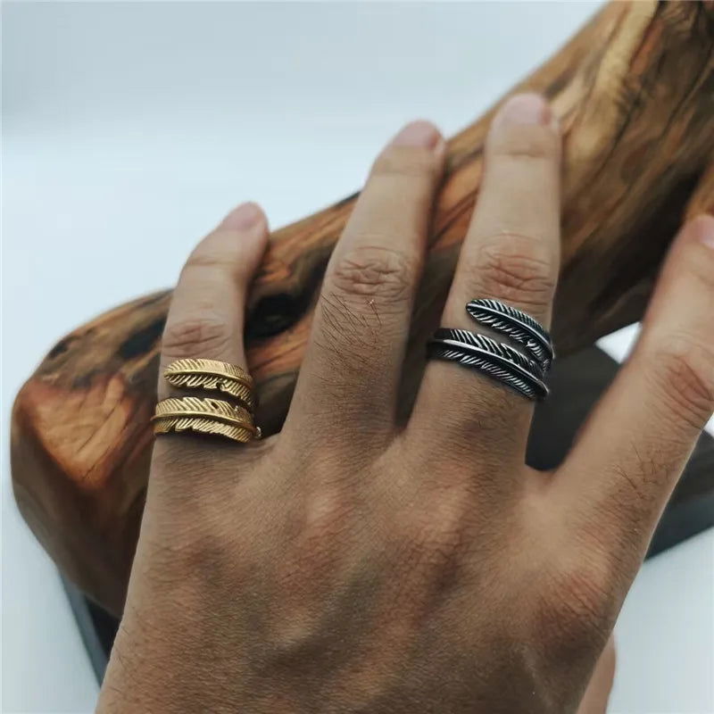 Feather Wraparound Ring - Stainless Steel Silver & Gold - Unisex - Adjustable - That Rock Aesthetic