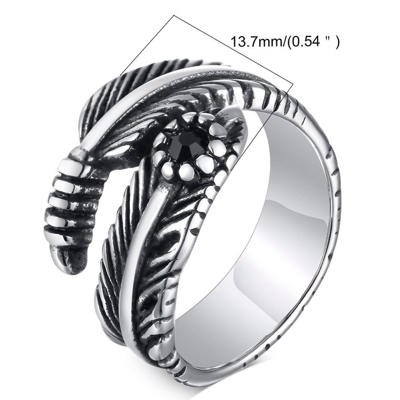 Black Gemstone Feather Ring Mens - Stainless Steel Silver - Unisex - Adjustable - That Rock Aesthetic