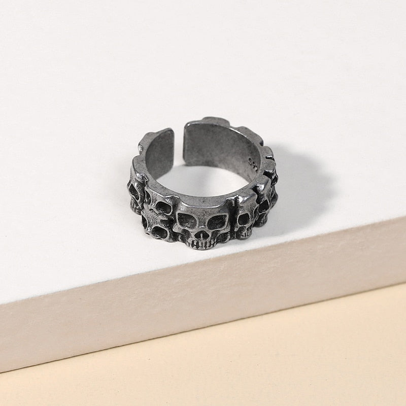 Band of Skulls Mens Gothic Ring - Silver - Unisex - Adjustable - That Rock Aesthetic
