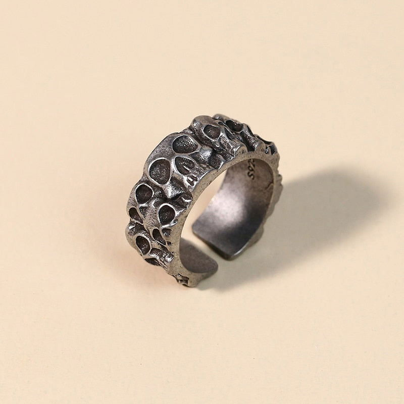 Band of Skulls Mens Gothic Ring - Silver - Unisex - Adjustable - That Rock Aesthetic