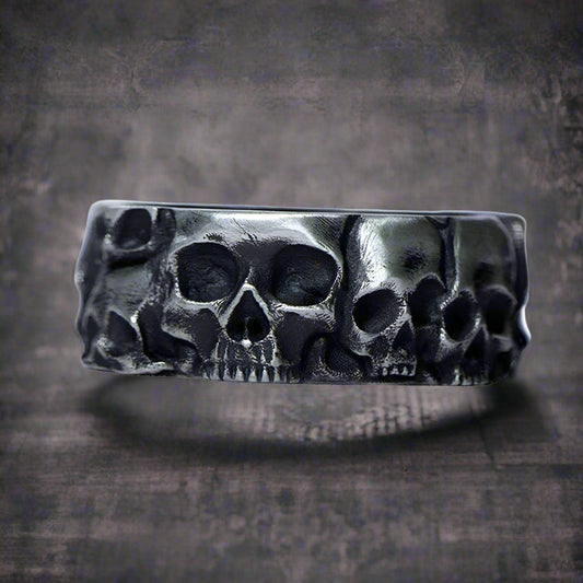 Band of Skulls Mens Gothic Ring - Silver - Unisex - Adjustable - That Rock Aesthetic
