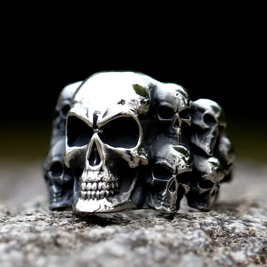 Gothic Band of Skulls Ring Mens - Stainless Steel Silver - Unisex - That Rock Aesthetic