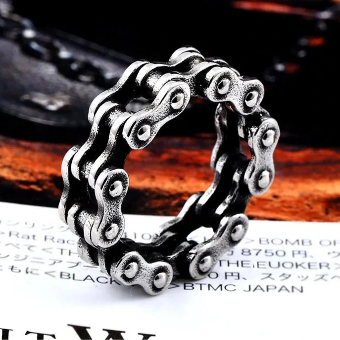 Gothic Bike Chain Ring Mens - Stainless Steel Silver - Unisex - That Rock Aesthetic