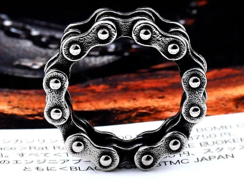 Gothic Bike Chain Ring Mens - Stainless Steel Silver - Unisex - That Rock Aesthetic