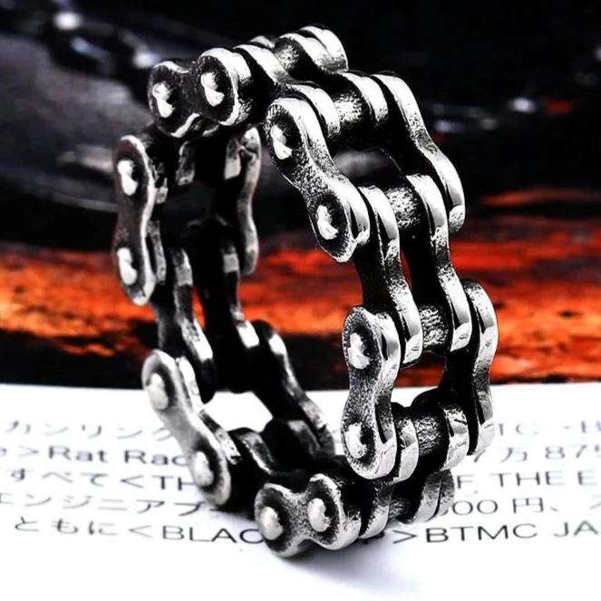 Gothic Bike Chain Ring Mens - Stainless Steel Silver - Unisex - That Rock Aesthetic