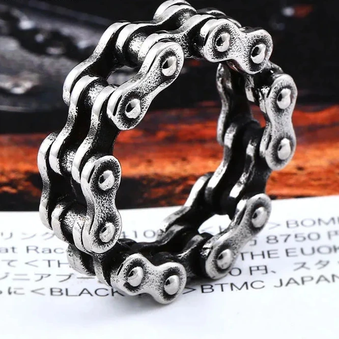 Gothic Bike Chain Ring Mens - Stainless Steel Silver - Unisex - That Rock Aesthetic