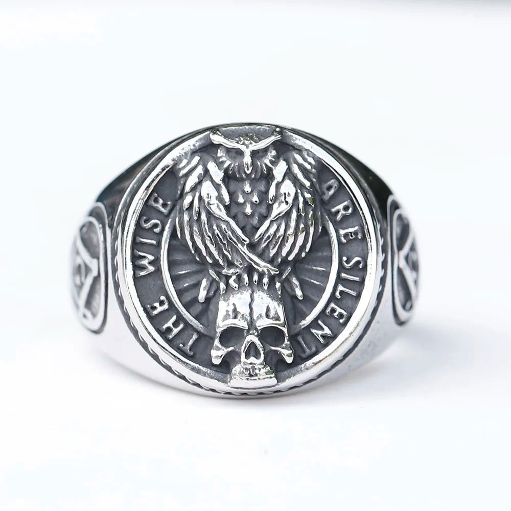 Gothic Owl Skull Signet Ring Mens - Stainless Steel Silver - Unisex - That Rock Aesthetic