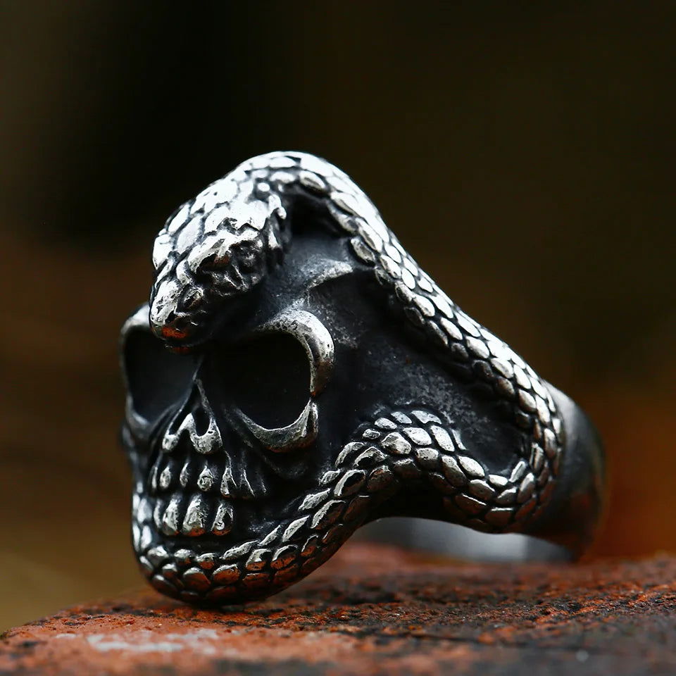 Gothic Snake Skull Ring Mens - Stainless Steel Silver - Unisex - That Rock Aesthetic